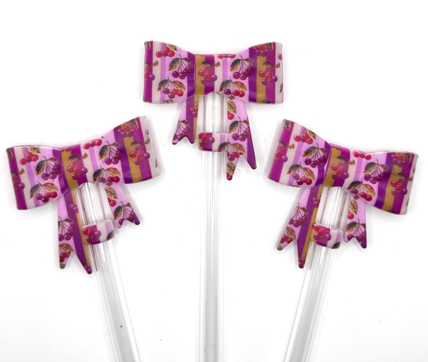 Purple vintage striped cherry silicone straw topper