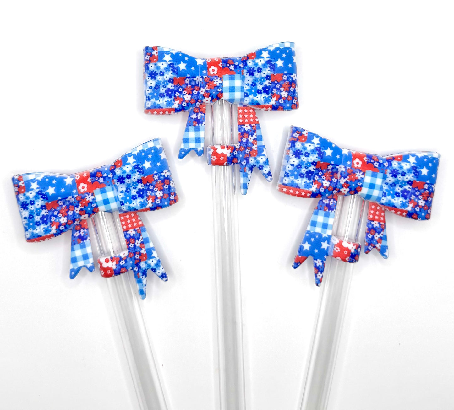 Red white & blue patchwork silicone straw topper