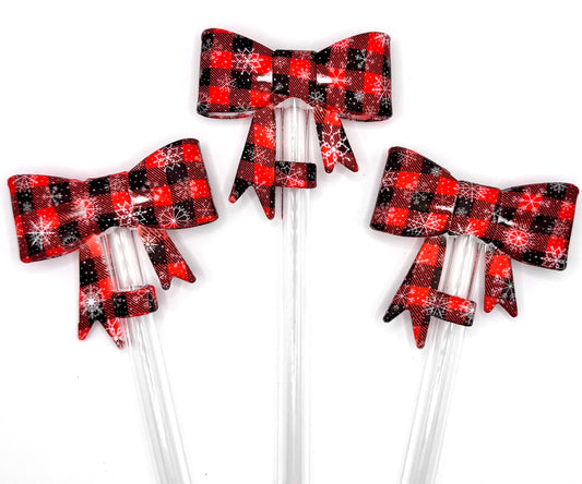 Christmas buffalo plaid bow silicone straw toppers 
