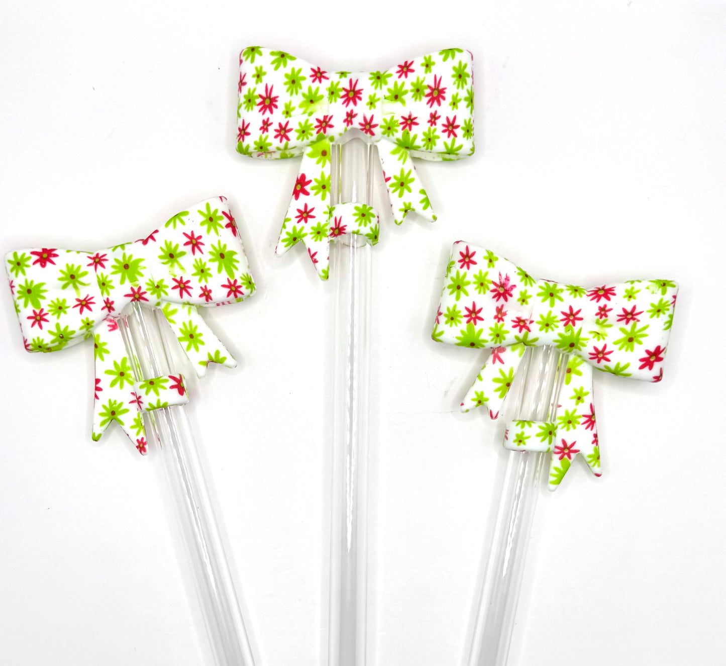 Christmas red & green daisy print bow straw topper (HBK exclusive)