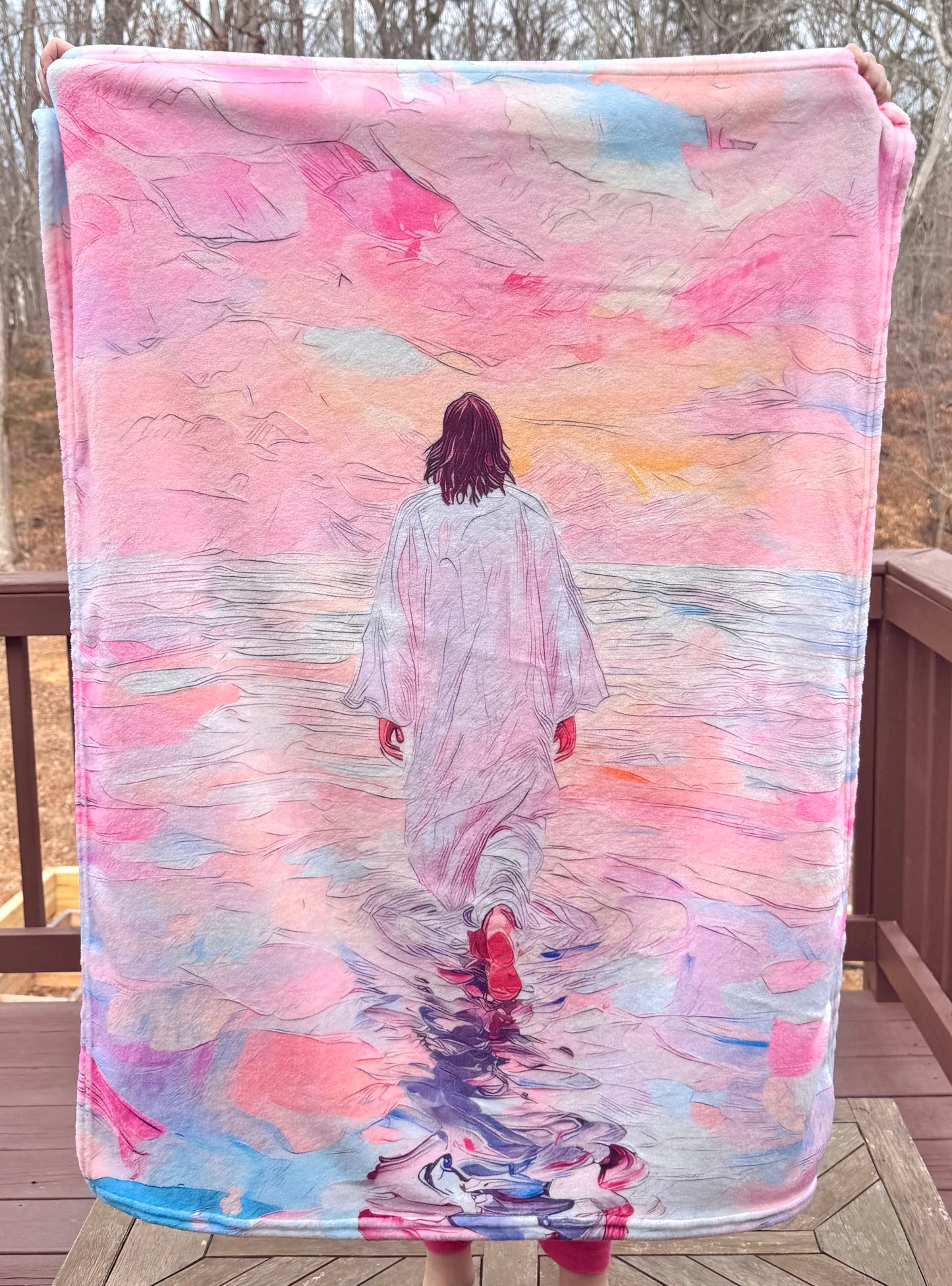 Child size 39in x 27in pink watercolor Jesus walking on water fluffy blanket (HBK exclusive)