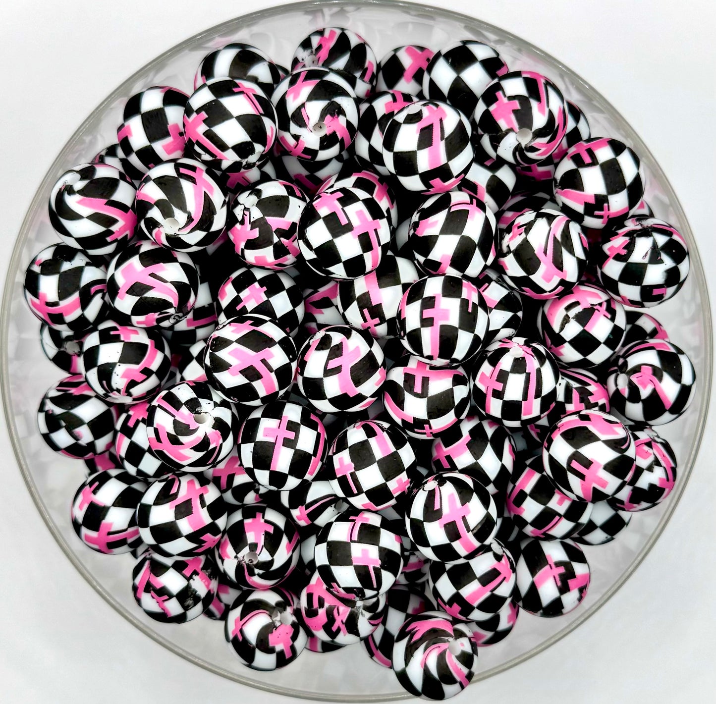 15mm hot pink checkered cross print (HBK exclusive) silicone bead
