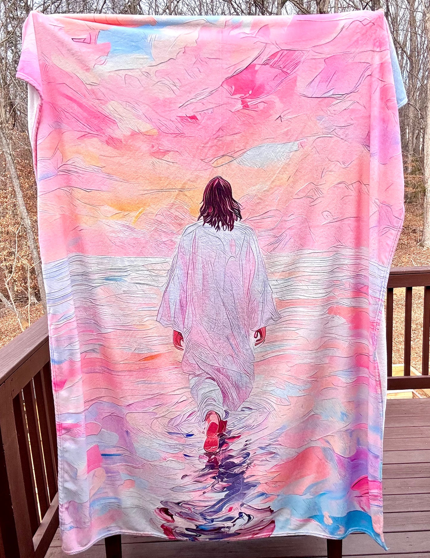 79in x 60in pink watercolor Jesus walking on water fluffy blanket (HBK exclusive)