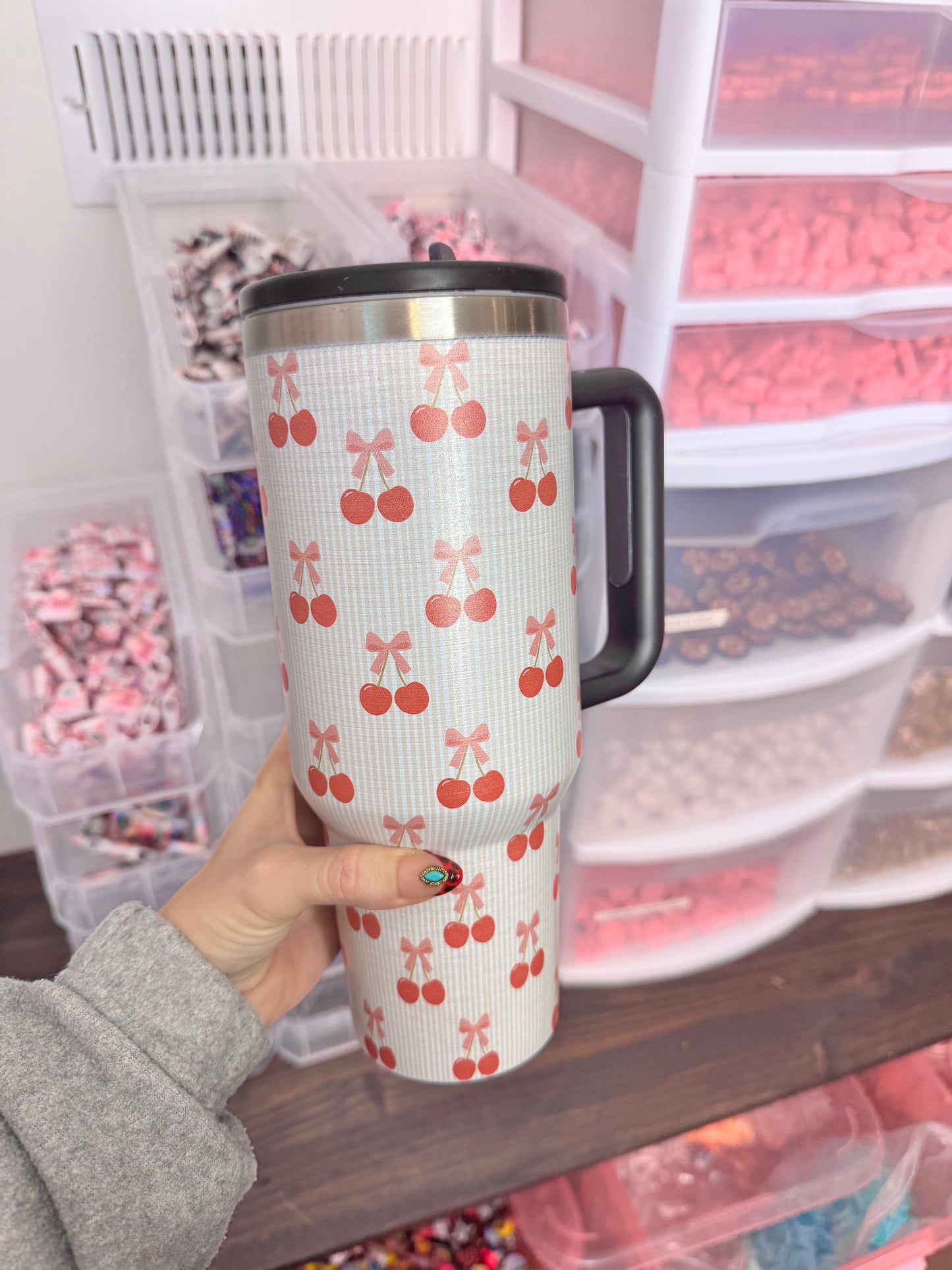 DESTASH 40 oz stainless steel cherry striped tumbler defected (lightly faded)