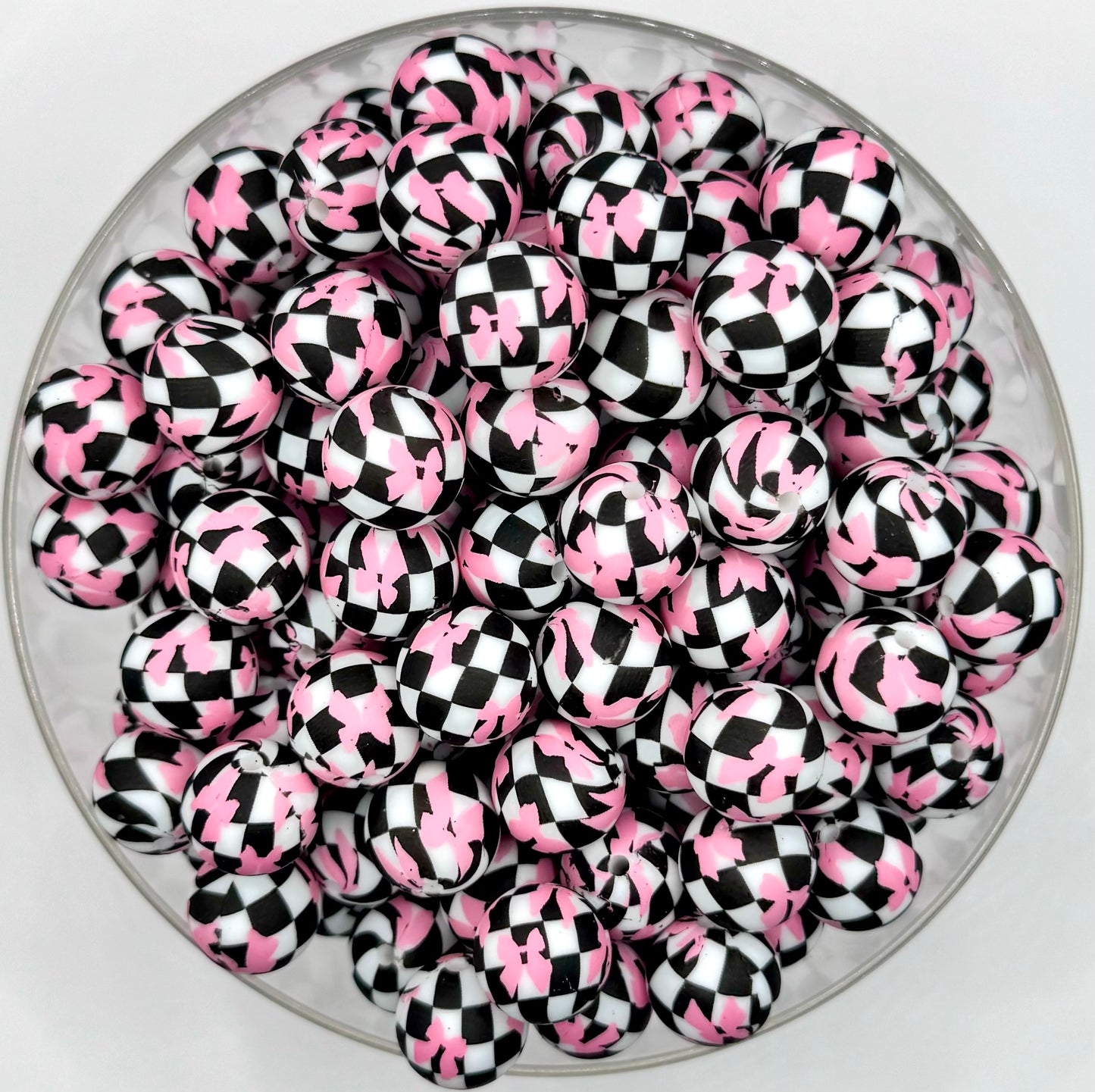 15mm pink bow checkered print (HBK exclusive) silicone bead