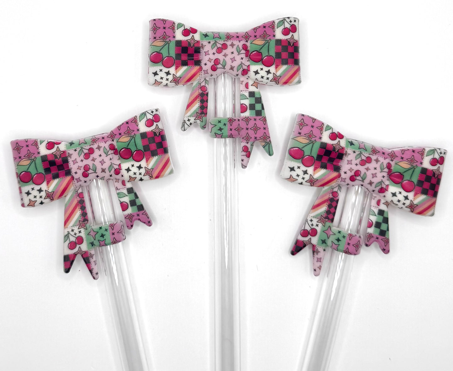 Retro cherry patchwork silicone straw topper