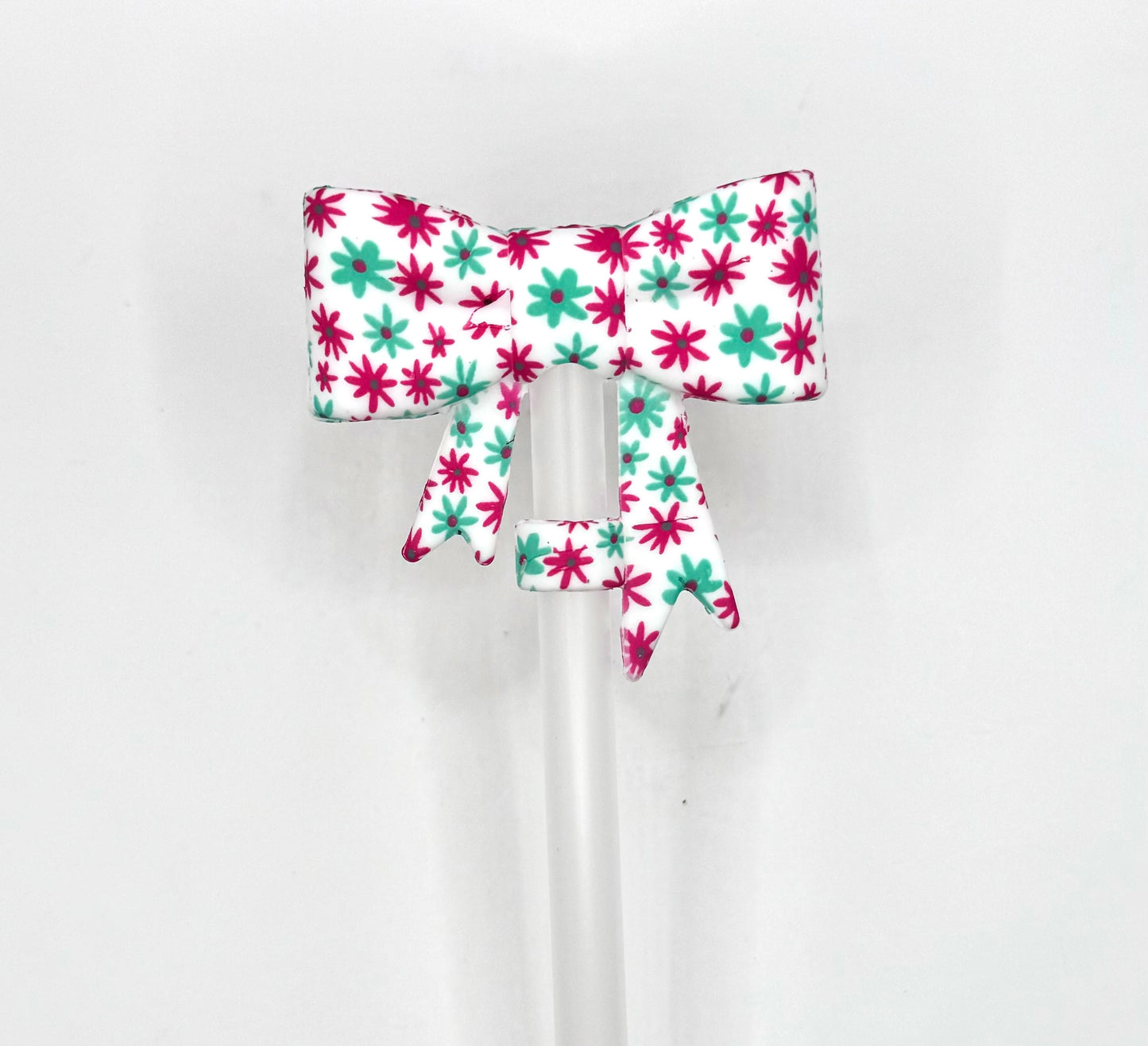 Pink & turquoise daisy silicone bow (HBK exclusive) straw topper