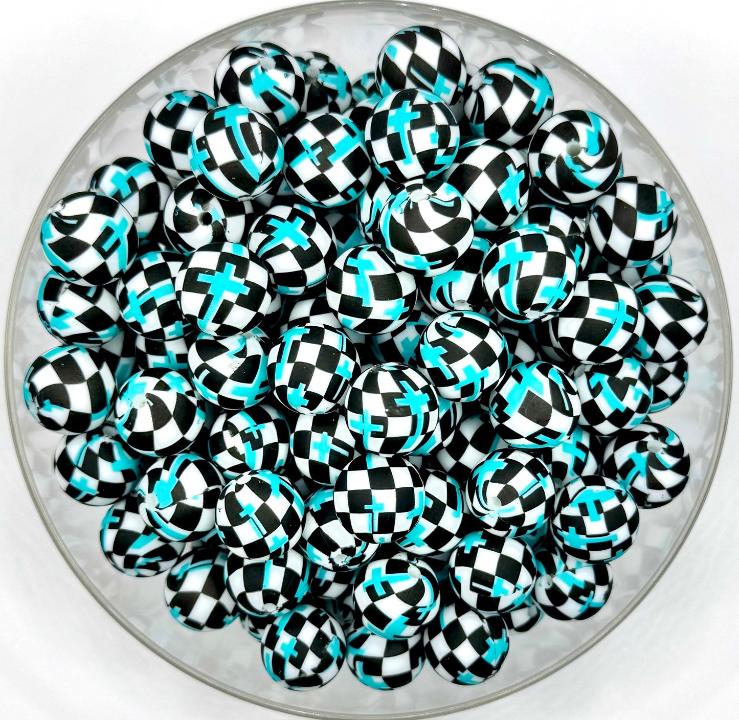 15mm Turquoise checkered cross print (HBK exclusive) silicone bead