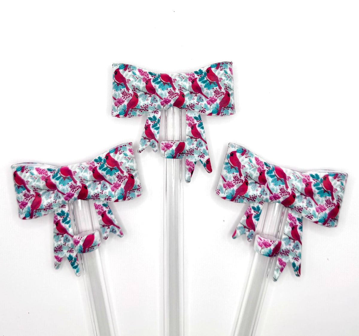 Red cardinal big bow silicone straw topper 