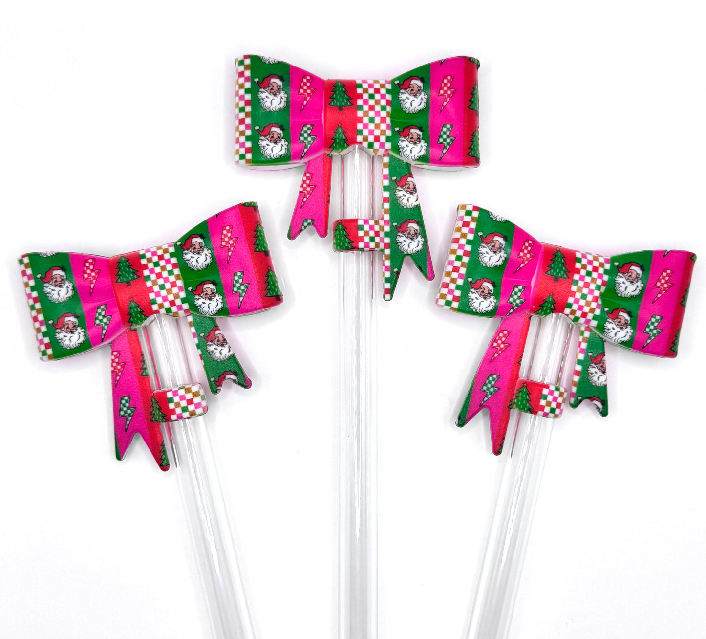 Retro holly jolly Christmas big bow silicone straw topper