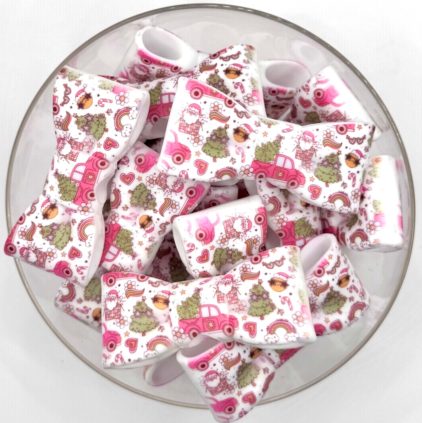 Pink country Christmas bow silicone focal bead