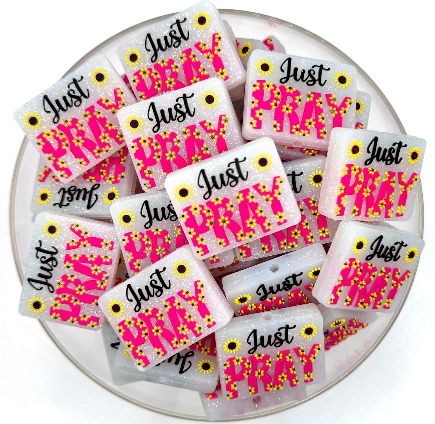 Pink just pray silicone focal bead