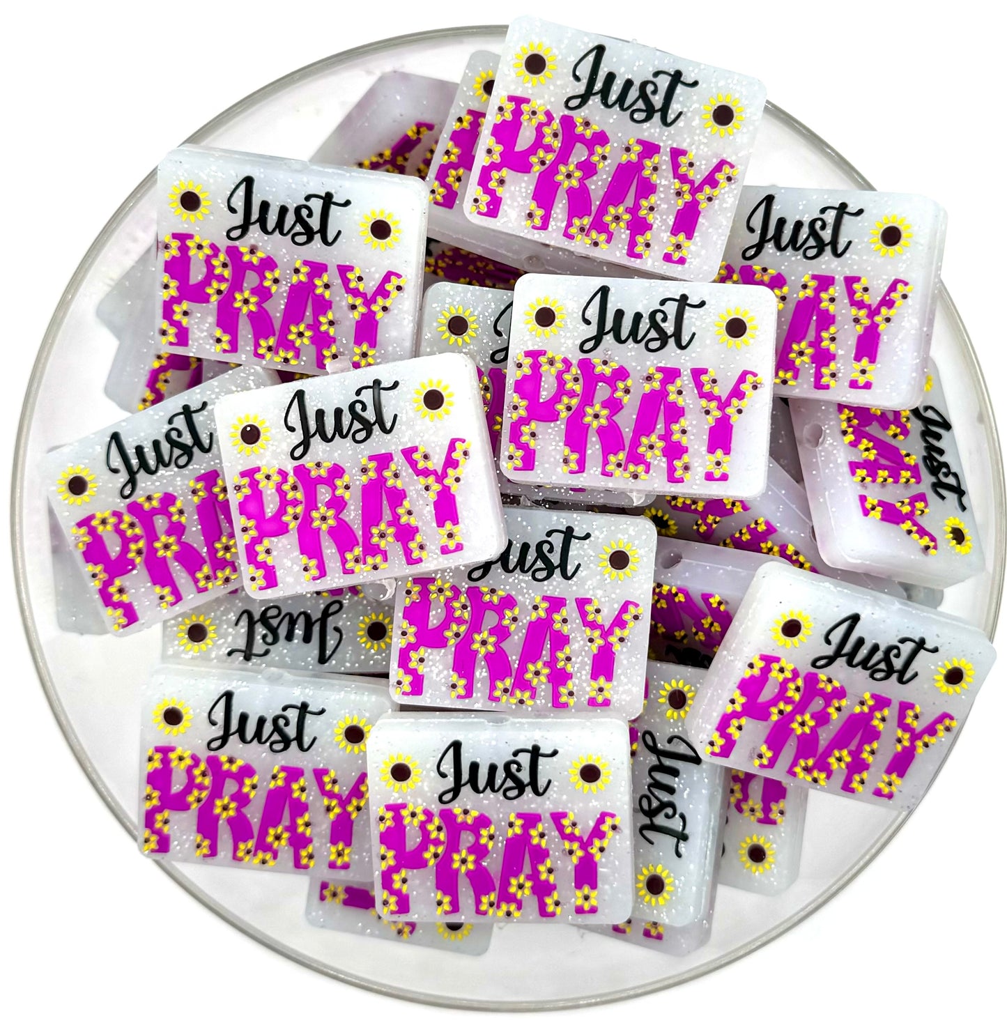 Purple just pray silicone focal bead