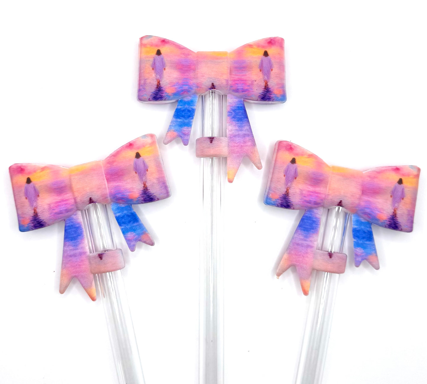 Pink watercolor Jesus walking on water bow (HBK exclusive) silicone straw topper