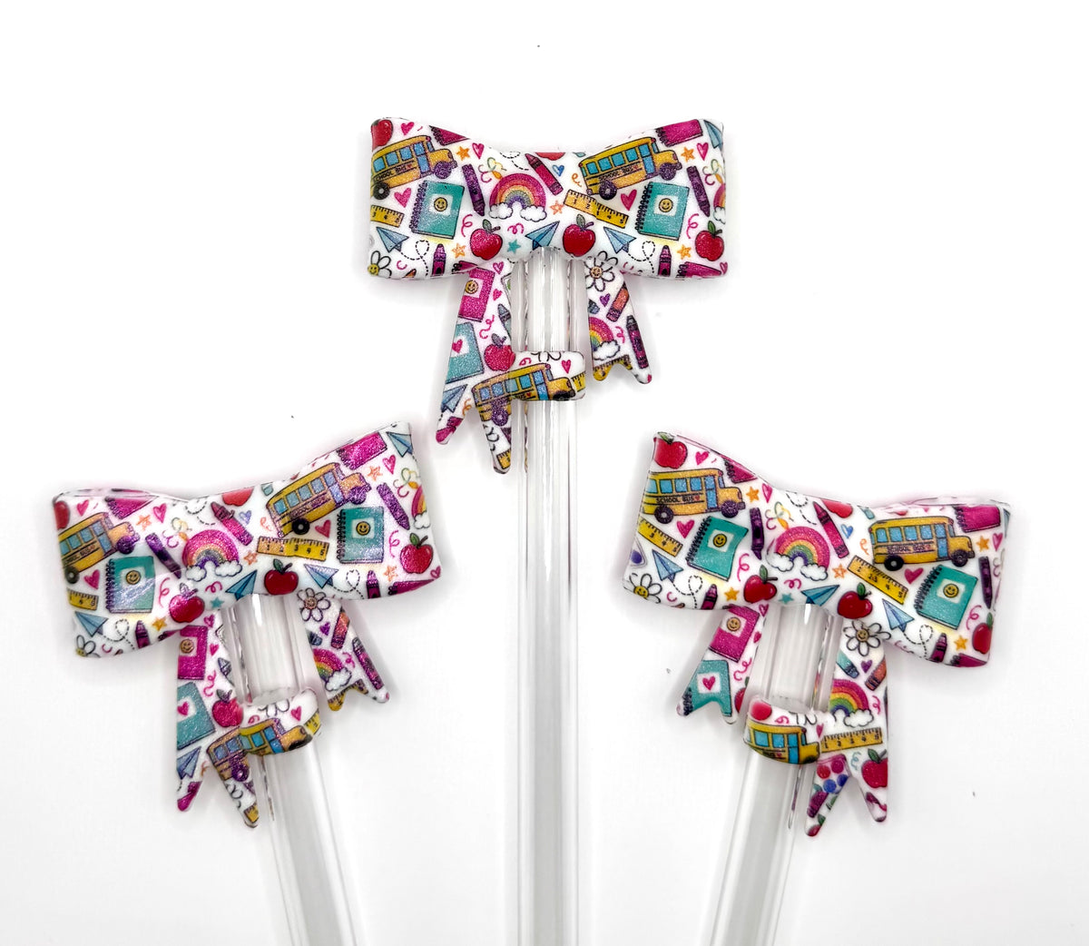 Opal teacher print (HBK exclusive) big bow silicone straw topper