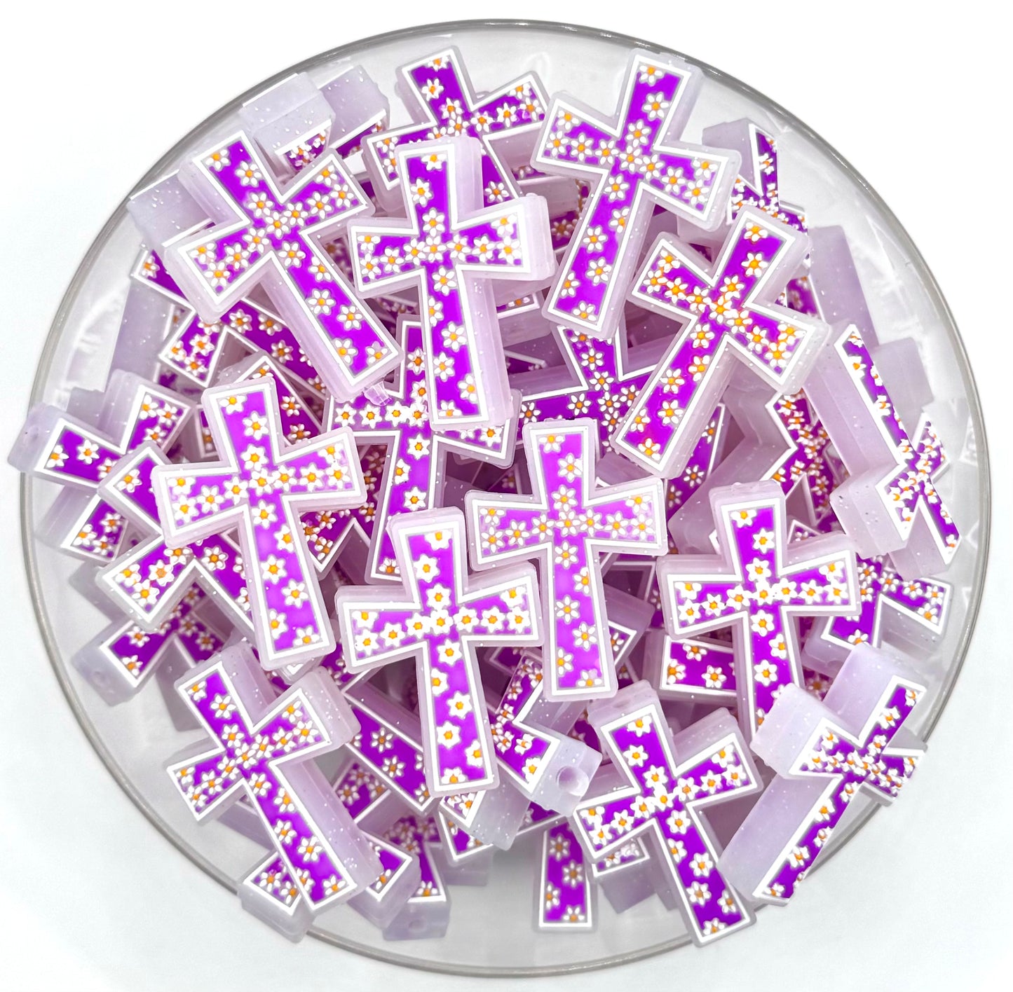 Purple daisy cross silicone focal bead