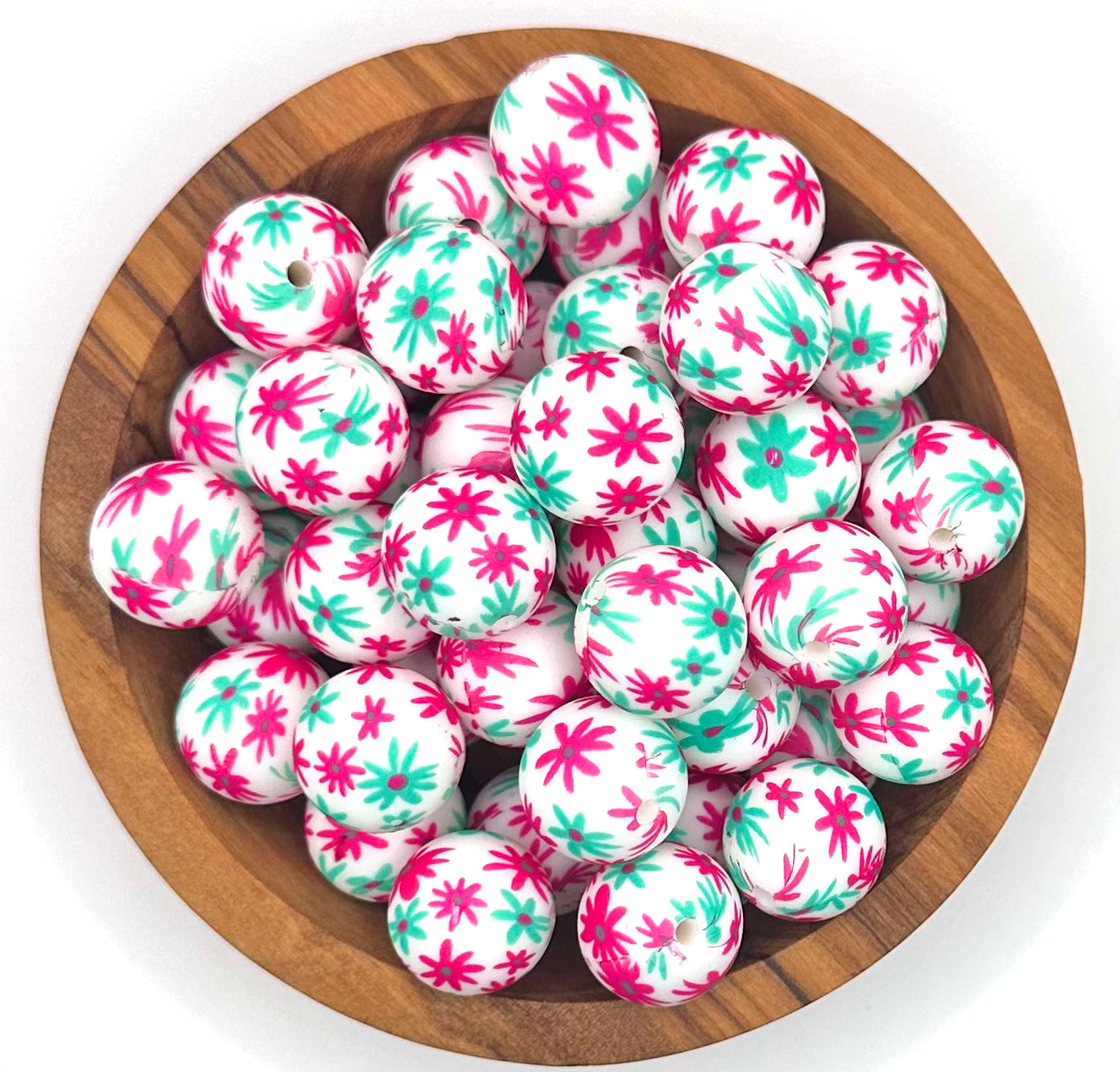 15mm hot pink & turquoise daisy print (HBK exclusive) silicone bead