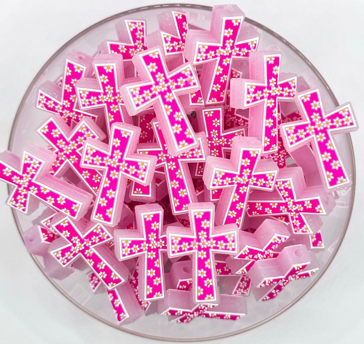 Hot pink daisy cross silicone focal bead