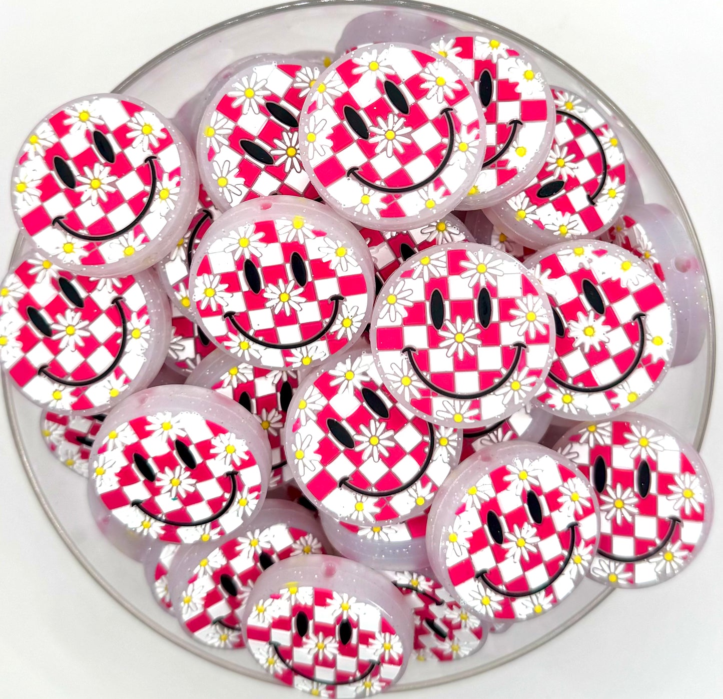 Hot pink daisy checkered smiley face silicone focal bead