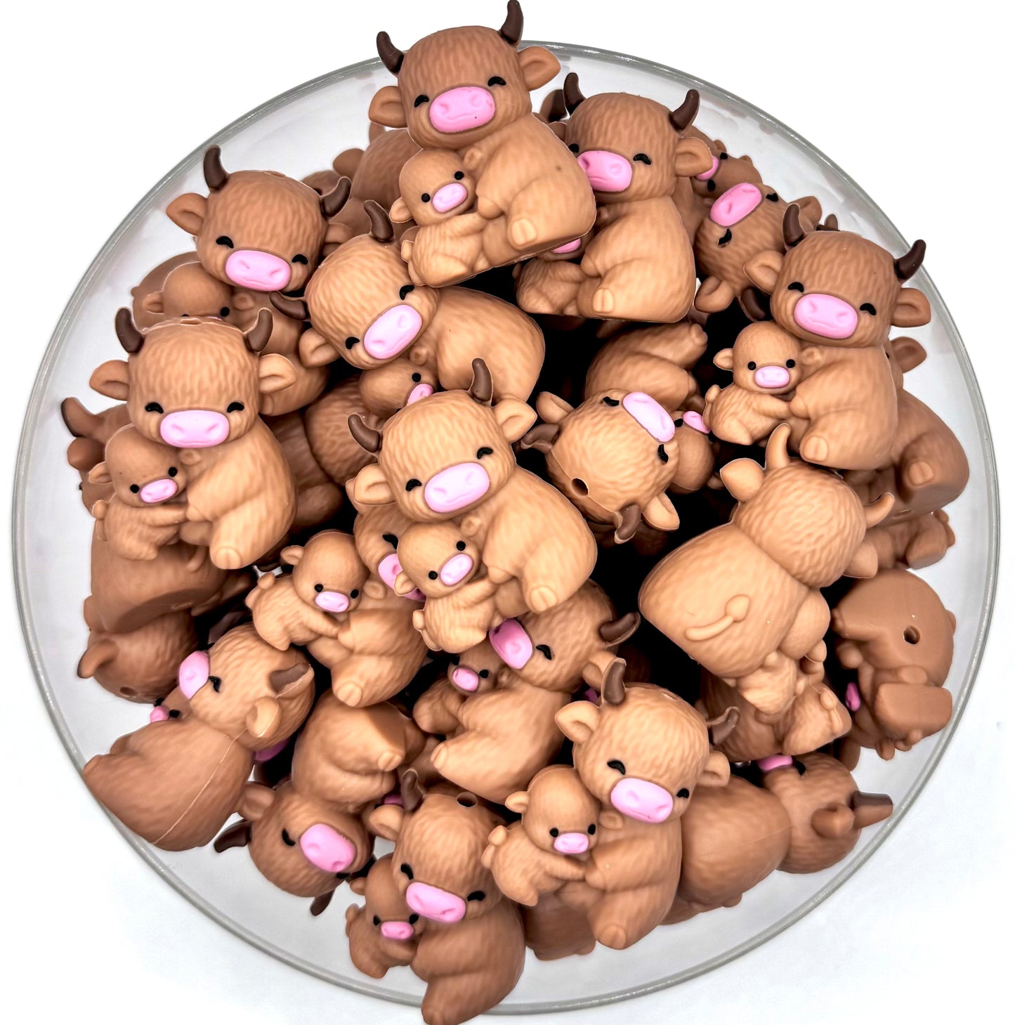 3D brown highland mama cow & baby cow silicone focal bead