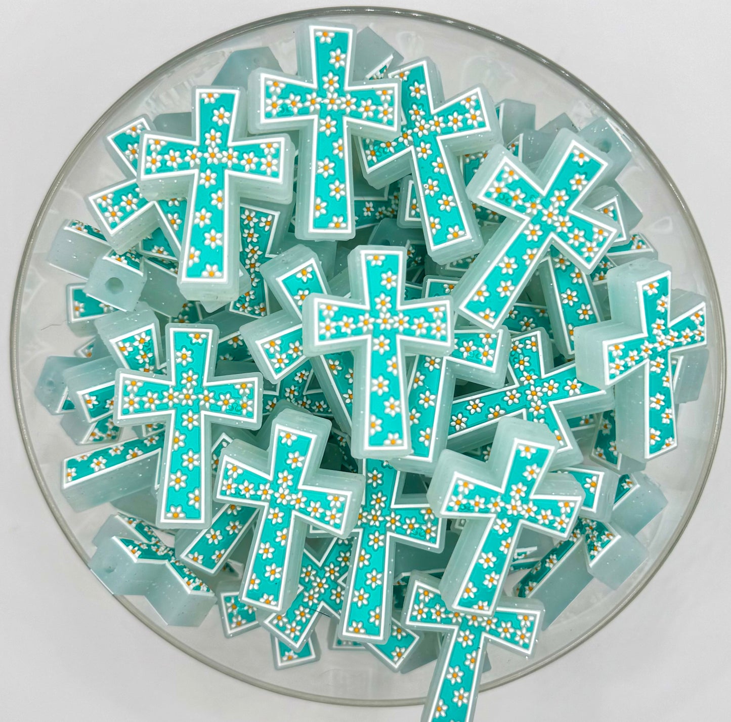 Turquoise daisy cross silicone focal bead