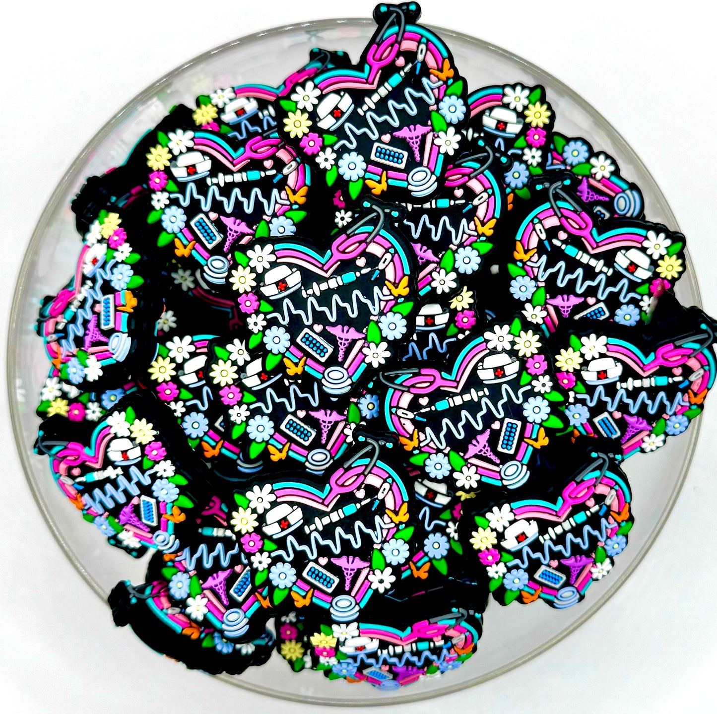 Neon nurse themed heart silicone focal bead