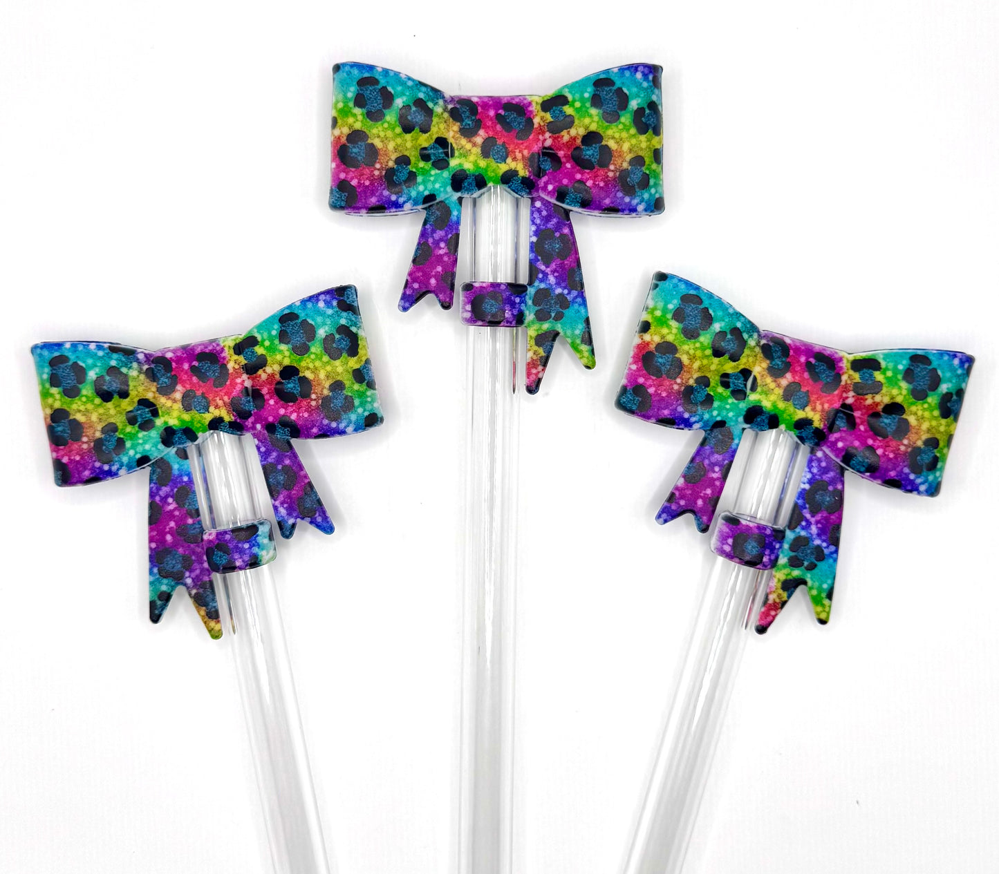 Rainbow glitter leopard silicone big bow straw topper