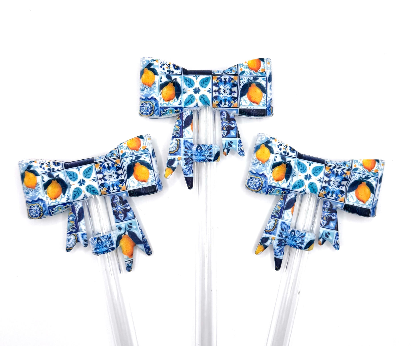 Blue lemon patchwork silicone straw topper