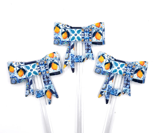 Blue lemon patchwork silicone straw topper