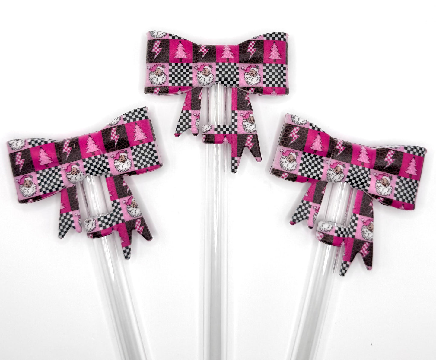 Pink checkered Christmas big bow silicone straw topper