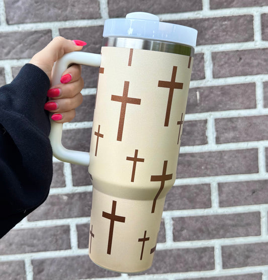 40 oz tan cross print stainless steel tumbler (HBK exclusive)