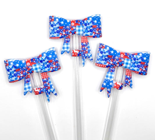 Red white & blue patchwork silicone straw topper