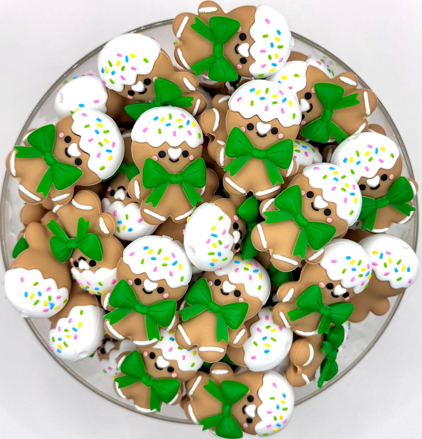 3D Christmas gingerbread man with green bow silicone focal bead