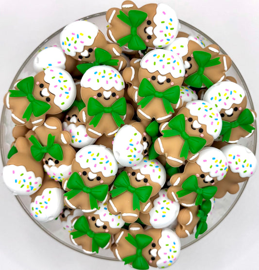 3D Christmas gingerbread man with green bow silicone focal bead