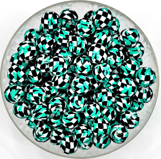 15mm turquoise bow checkered print (HBK exclusive) silicone bead