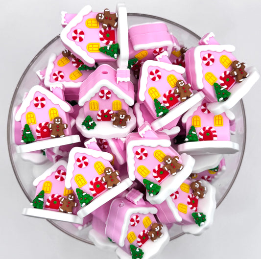 3D pink christmas gingerbread house silicone focal bead