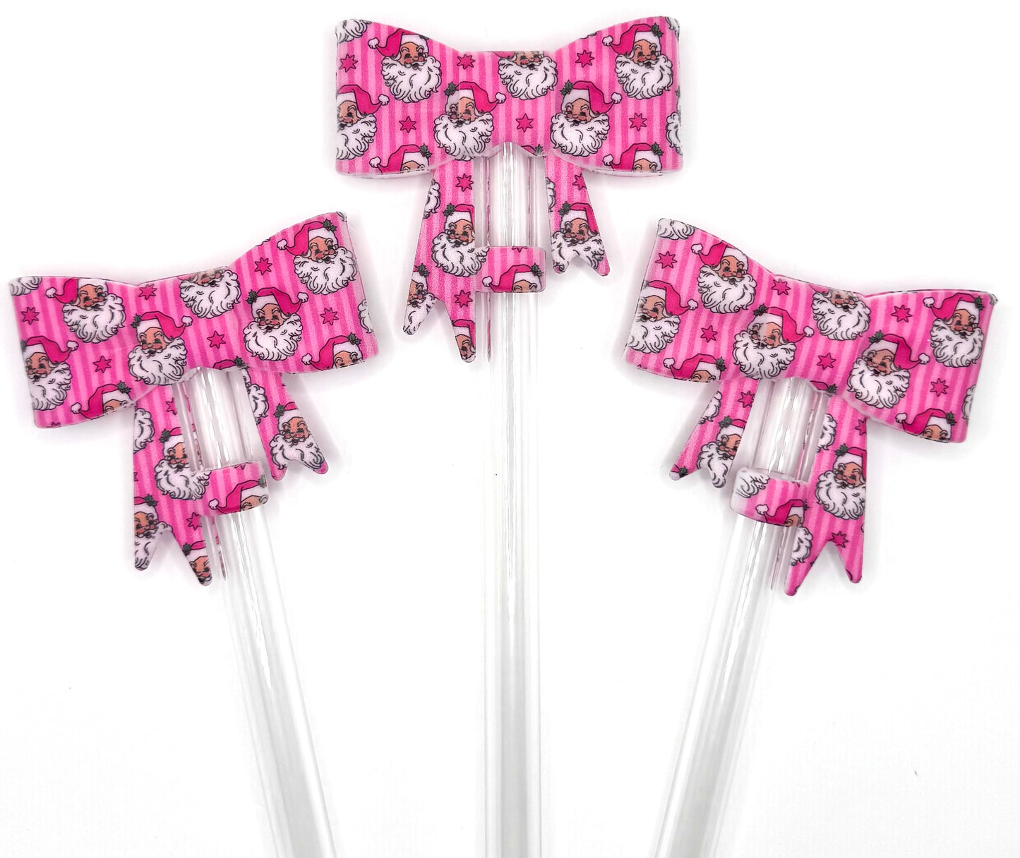 Pink striped Christmas Santa silicone big bow straw topper