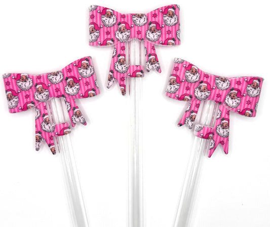 Pink striped Christmas Santa silicone big bow straw topper