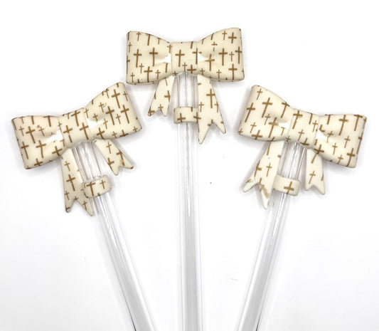 Tan cross print bow (HBK exclusive) silicone straw topper