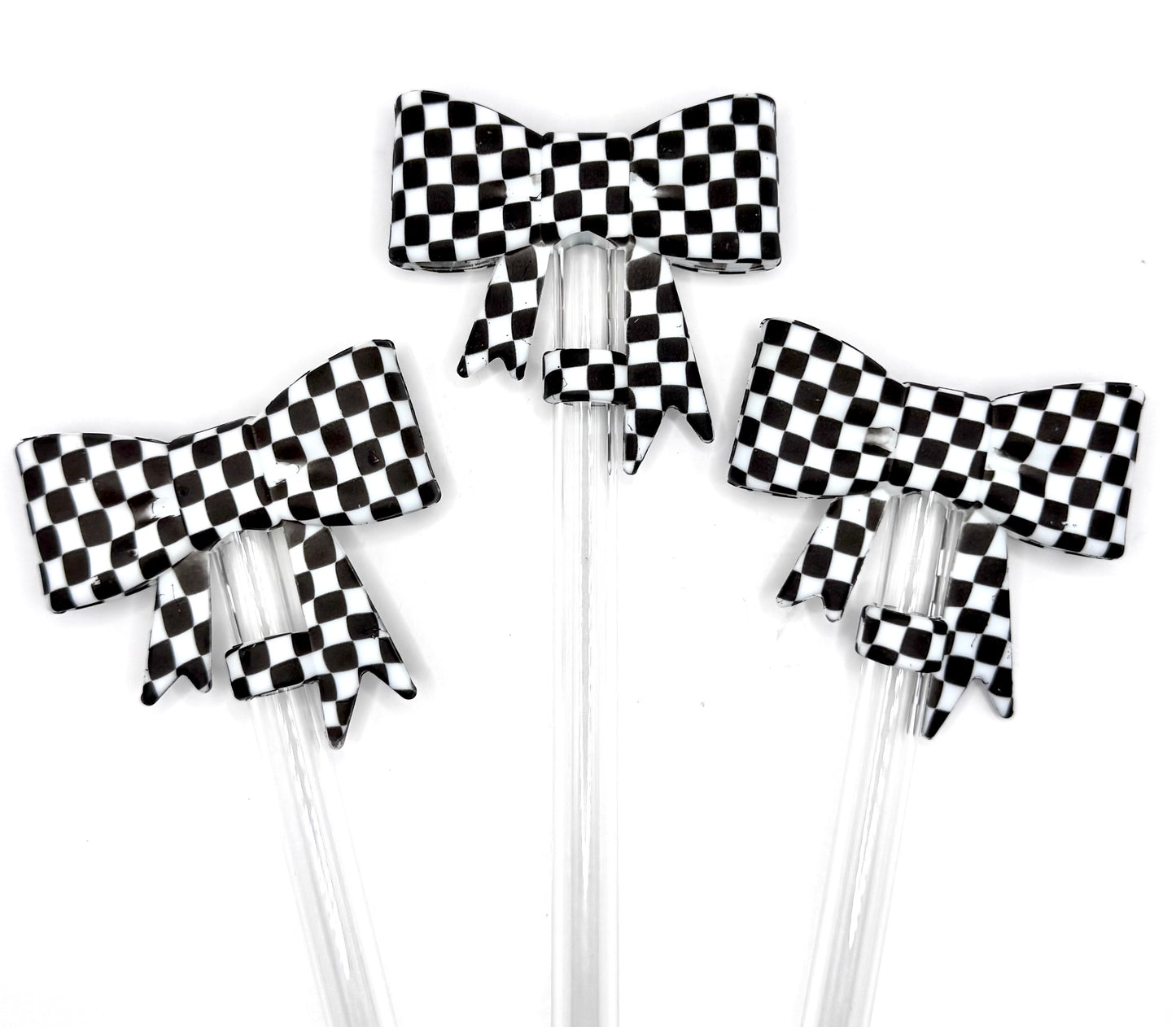 Black checkered bow silicone straw topper