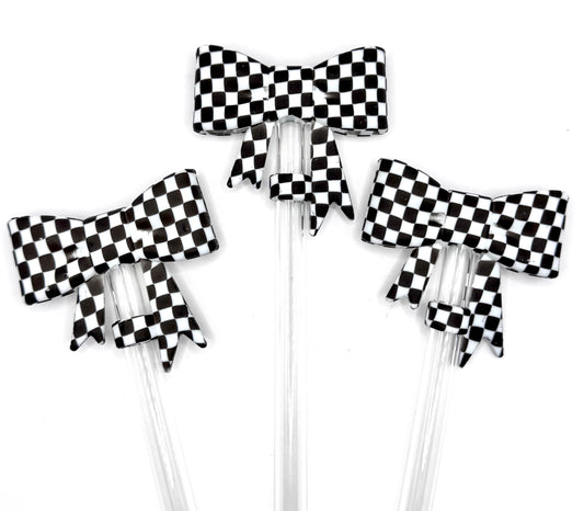 Black checkered bow silicone straw topper