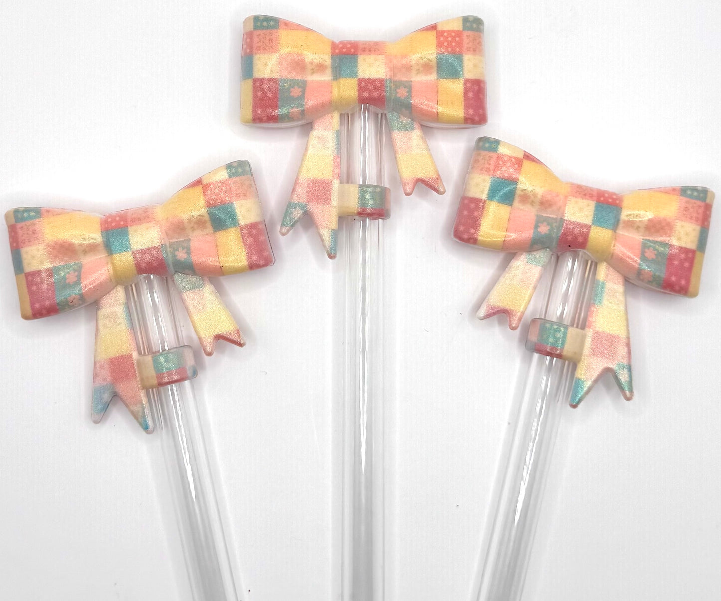 Opal pink quilt patchwork (HBK exclusive) bow silicone straw topper