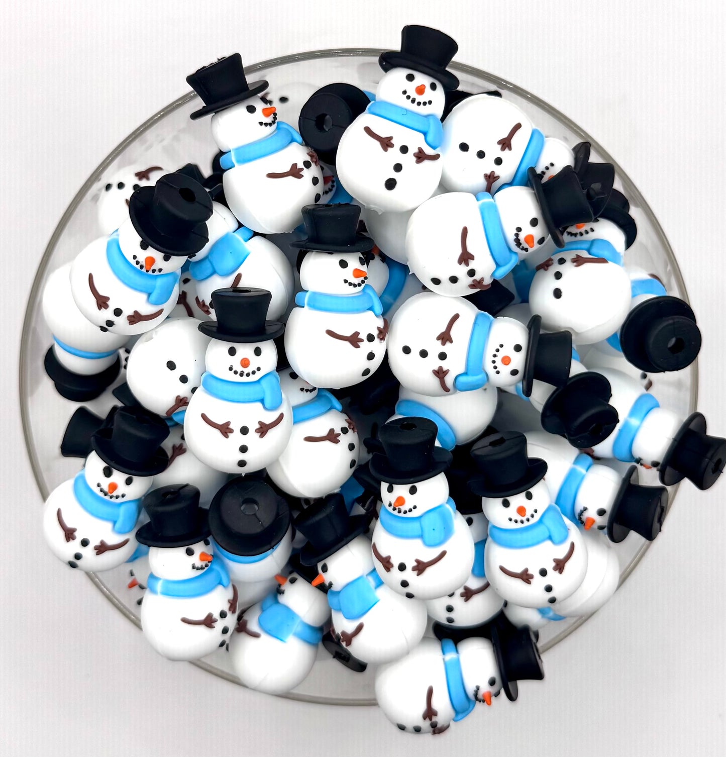 3D snowman with blue scarf silicone focal bead