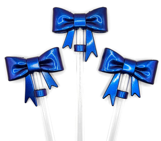 Opal deep blue bow silicone straw topper