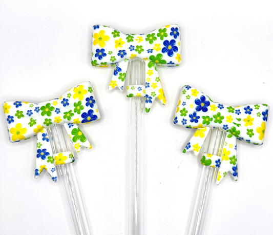 Blue green yellow daisy bow silicone straw topper