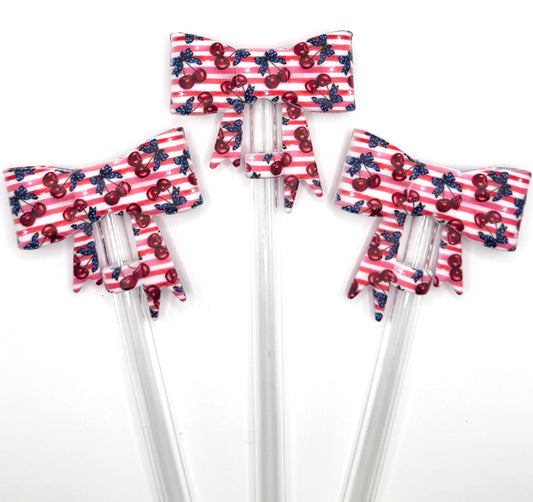 Red white & blue cherries silicone straw topper