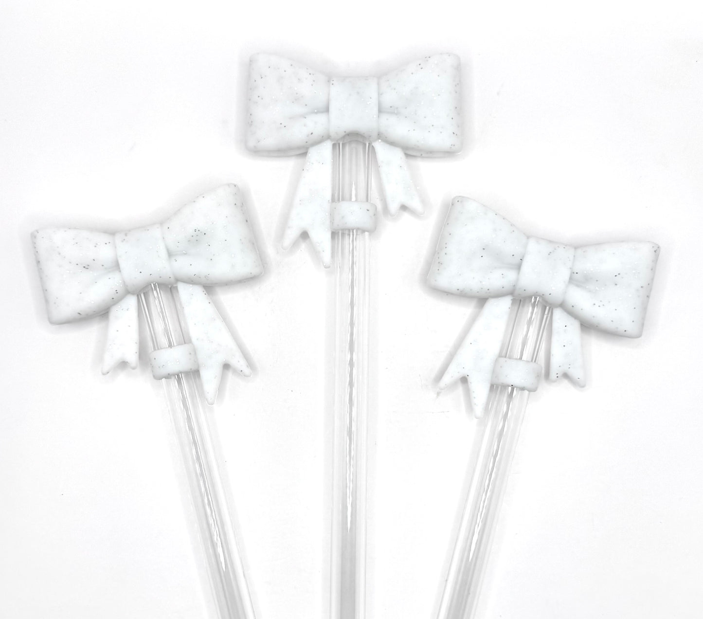 White glitter silicone bow straw topper