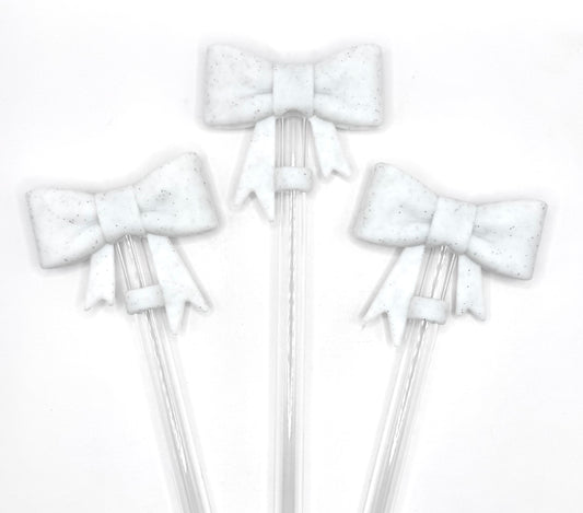 White glitter silicone bow straw topper