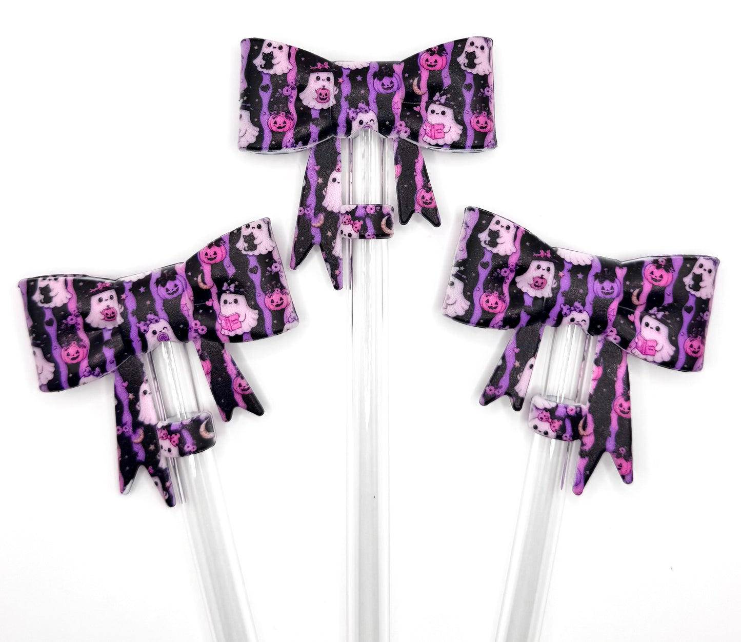 Purple spooky ghosts big bow silicone straw topper