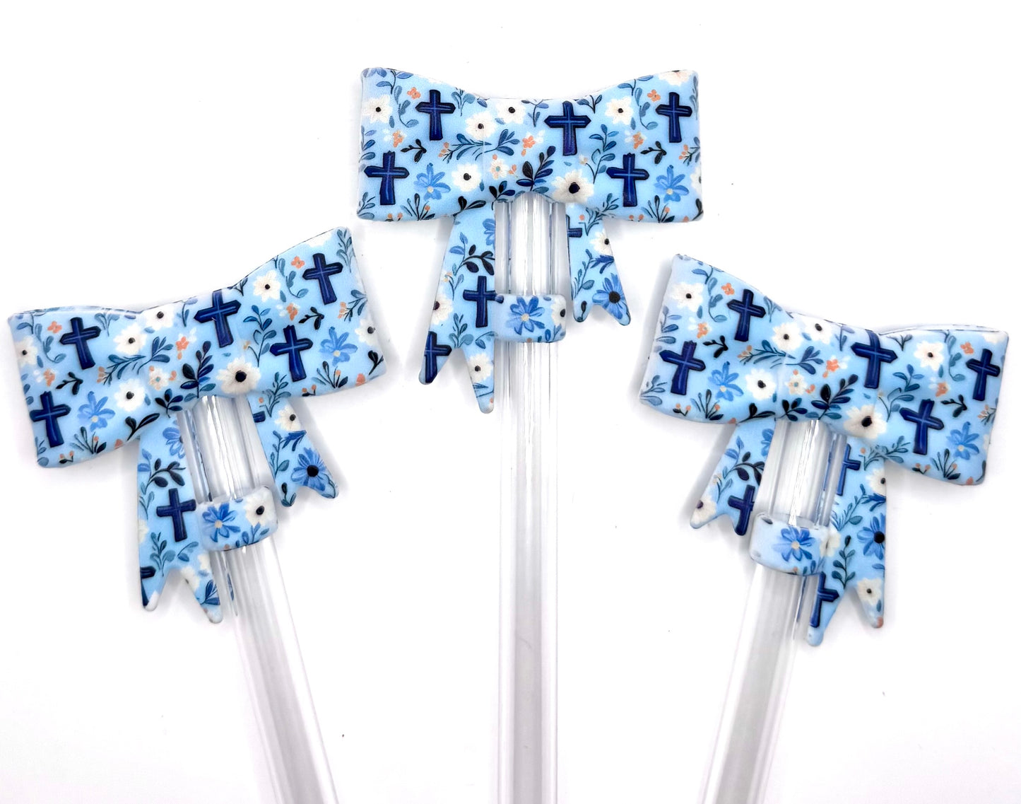Blue floral cross silicone straw topper